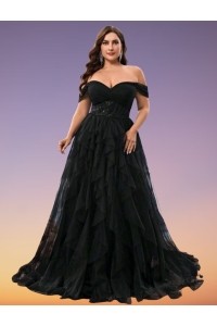 P259  Black Ruffled Ball Gown