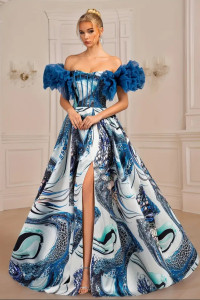 E571 Blue Printed Ballgown