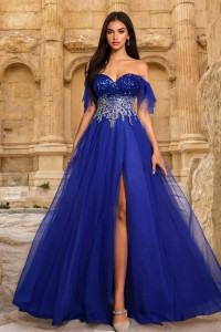 E574 Royal Blue Beaded Ballgown
