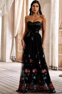 E070 Black Strapless Floral Dress