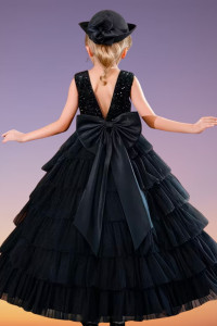 G052 Black Bow Frilled Girls Gown