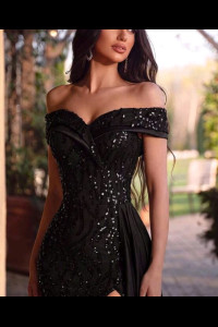 E775 Off Shoulder Heavy Beaded Black Gown
