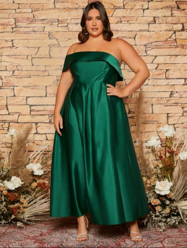 P071 Julietta Green Off Shoulder Satin Dress
