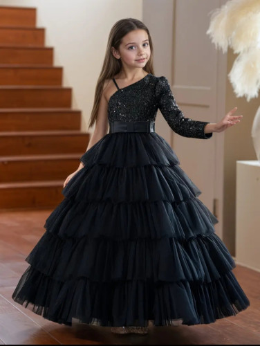 G043 Black Frilled Ballgown