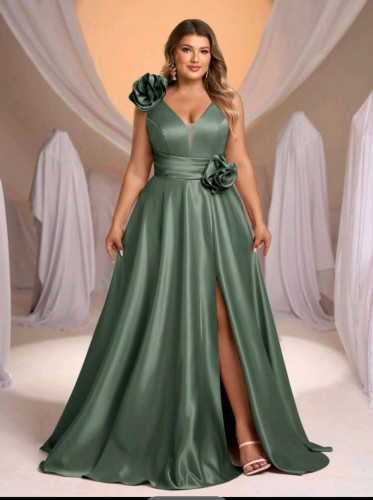 P214  Green Rose Satin Gown
