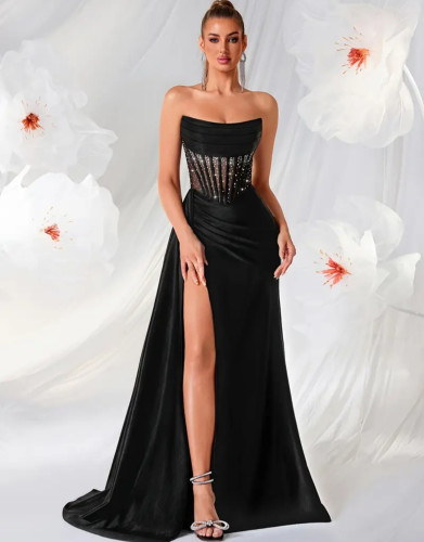 E588 Diamante Corset Black Dress