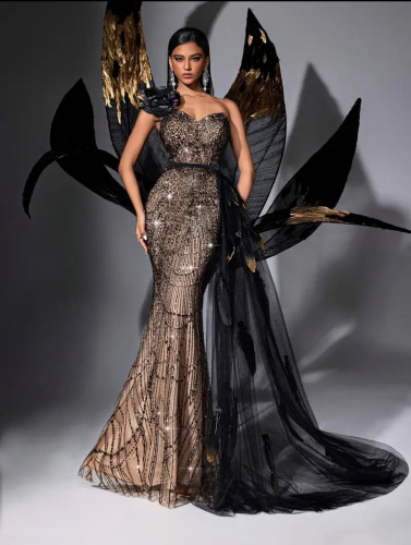 E586 Nude and Black Beaded Gown