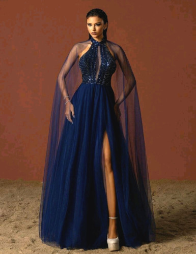 E743 Navy Blue Beaded Halter Gown