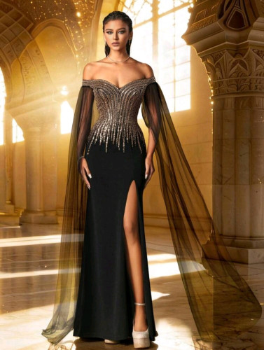 E748 Gold Beaded Dress with Sheer Sleeves