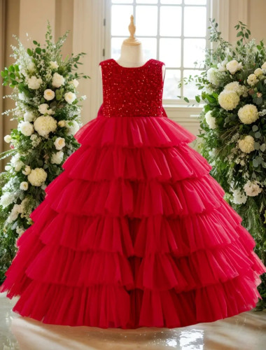 G045 Red Frilled Girls Gown