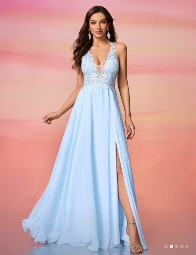 E765  Light Blue Halter Lace Dress