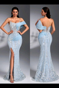 P781 Blue Luxury Fabric Sculpted Dress