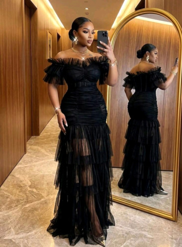 P258  Black Sheer Rouched Dress