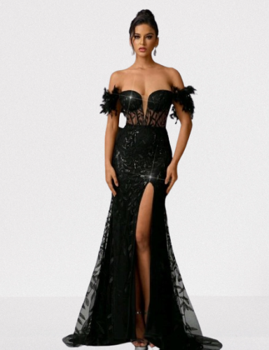 E385 Black Sheer Bodice Vine Dress