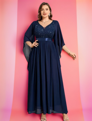 P215 Navy Drop Sleeve Chiffon Dress