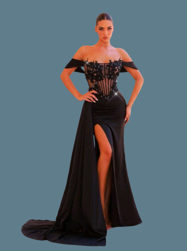 E590 Black Diamante Appliqued Dress