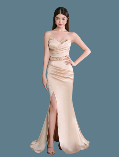 E701 Teen Satin Nude Dress