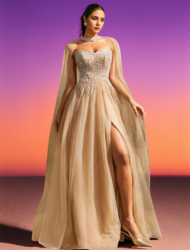E742 Luxury Nude Beaded Ballgown