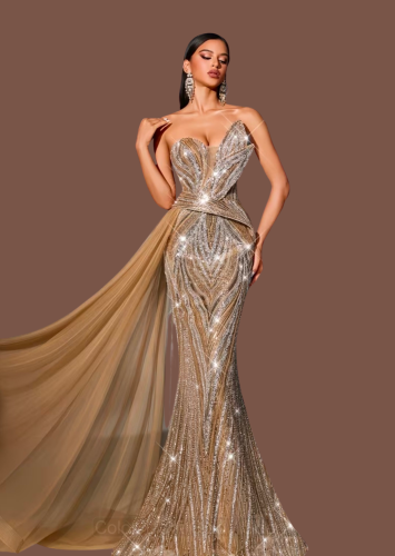 E766 Silver And Gold Full Beaded Gown