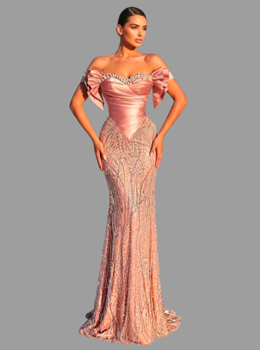 E768 Dusty Pink Rushed Beaded Dress