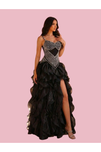 E778 Black Pearl Beaded Ballgown