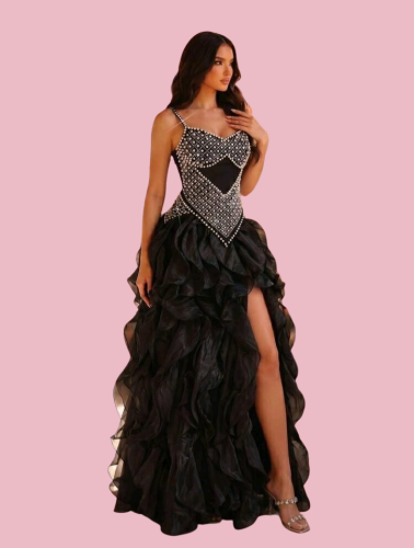E778 Black Pearl Beaded Ballgown